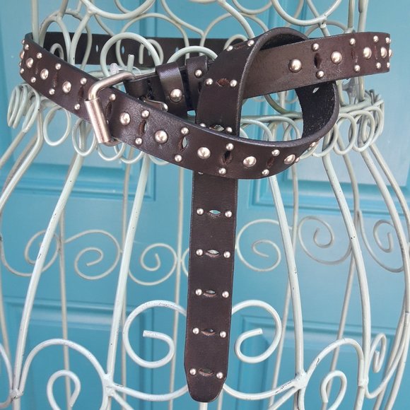 Genuine Leather Belt Metal Studded Silver Studs Grommets Rivets Goth Medieval. T - Picture 1 of 12